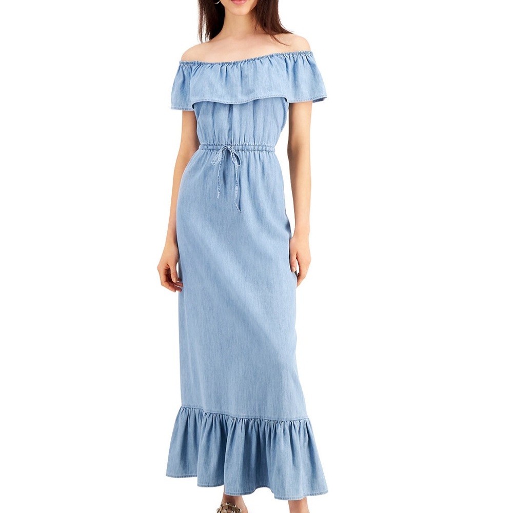 Style & Co. Blue Chambray Off-Shoulder Ruffled Maxi Dress Size:L NWT